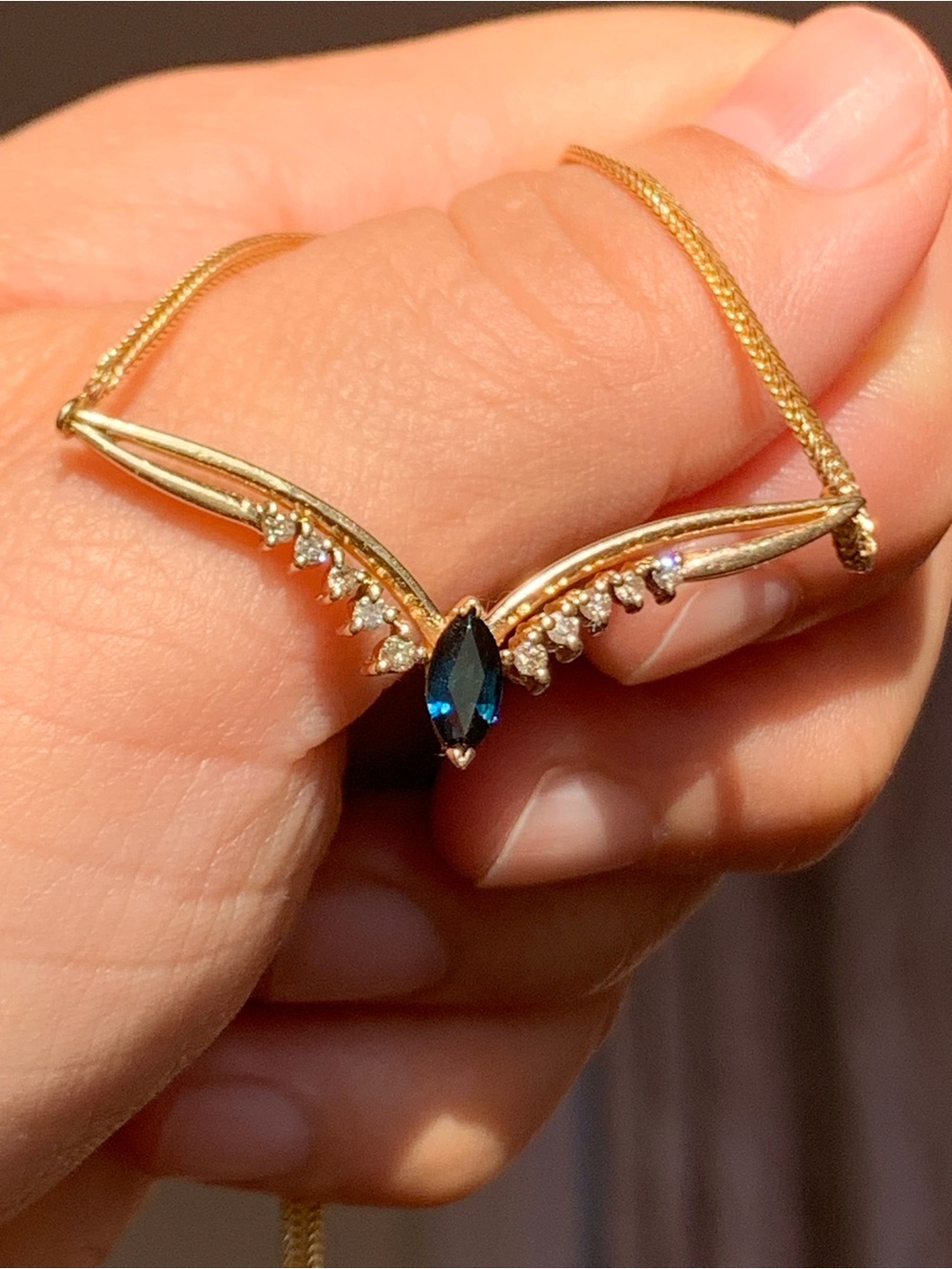 14k Gold Wing Necklace with Blue Sapphire Marquise Stone and Clear Diam Accents